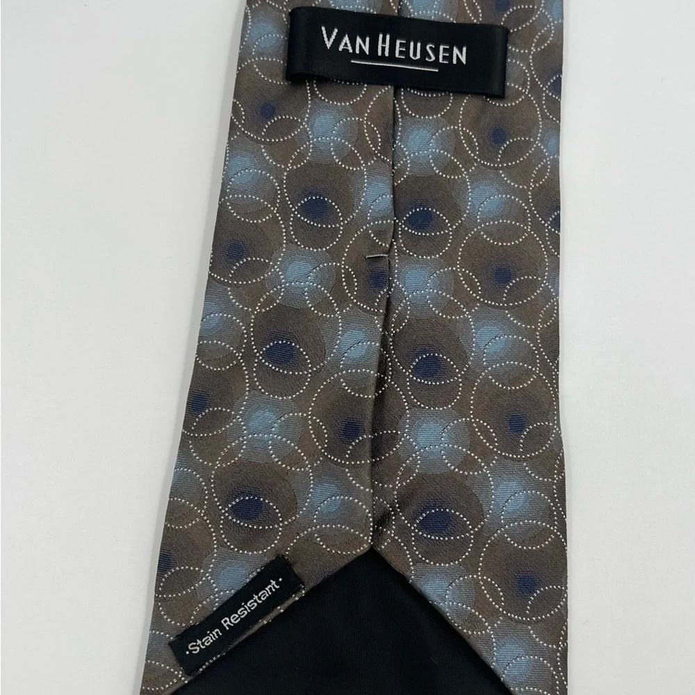 Van Heusen 100% Silk Brown and Blue Geometric Circles Tie Handmade necktie